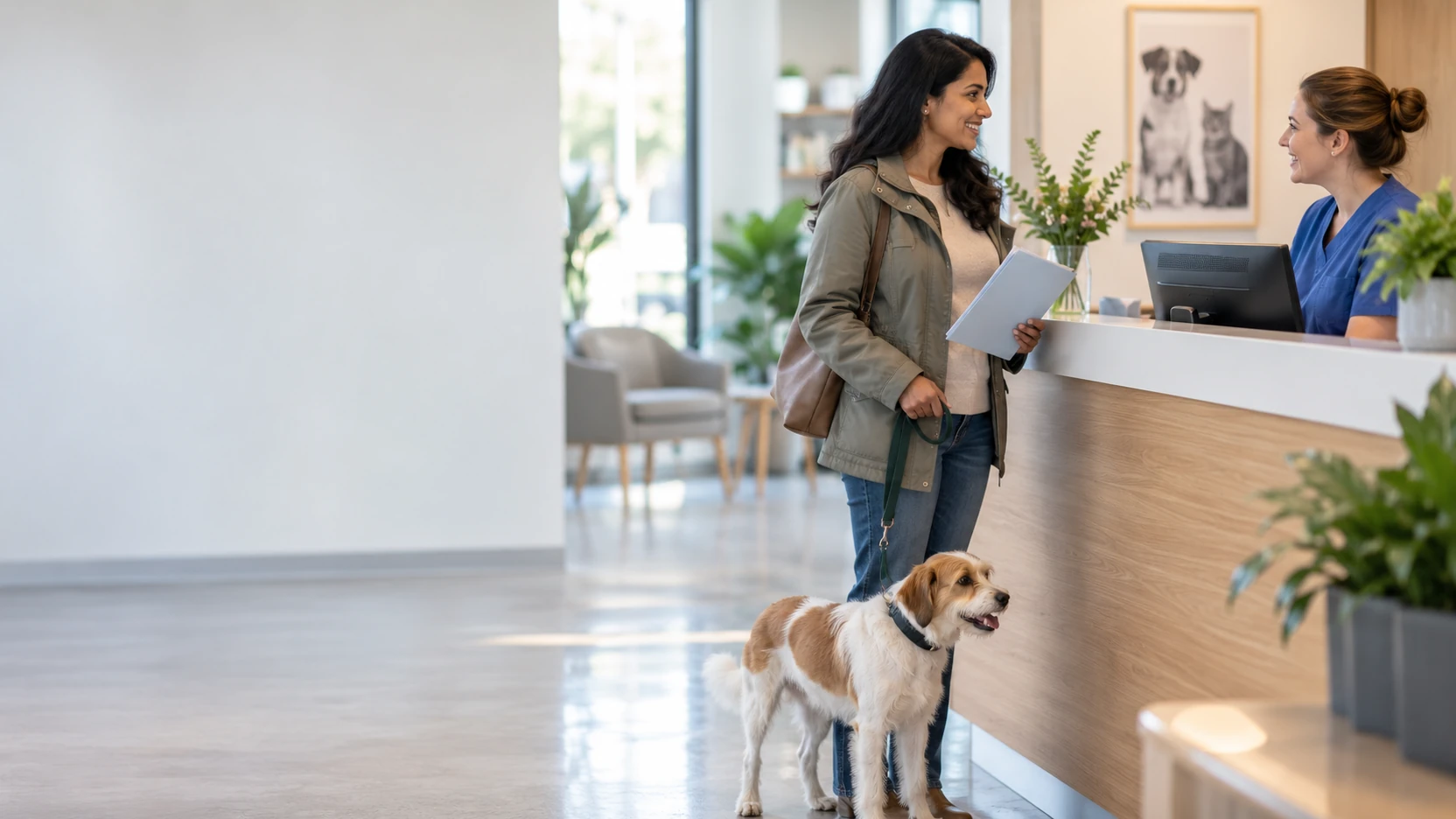 Pet owner checking in with a dog at a modern veterinary clinic