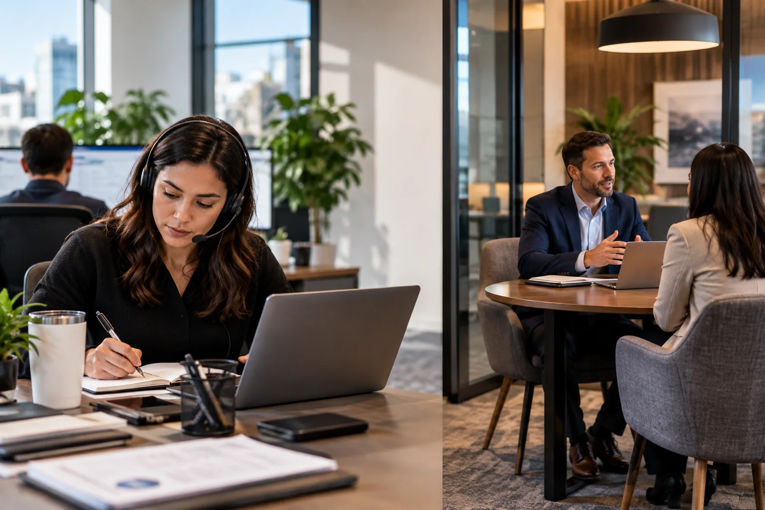 Sales development representative researching and qualifying prospects while an account executive handles a later sales conversation.