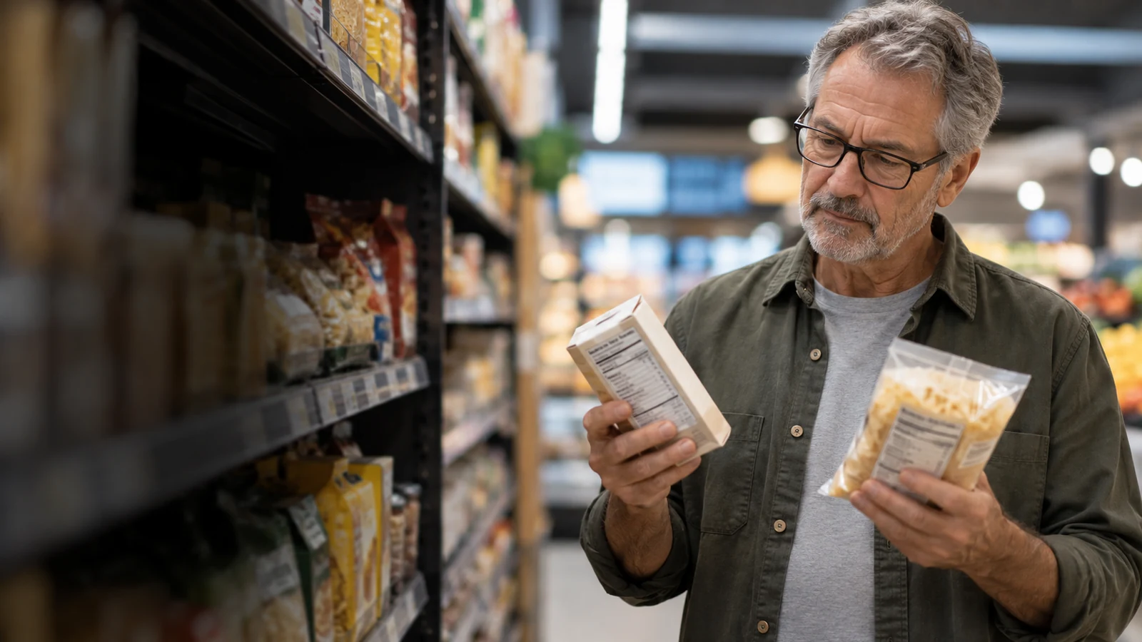 Shopper comparing nutrition labels on two packaged foods in a grocery aisle