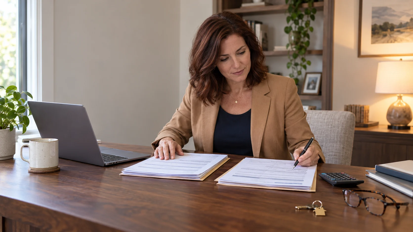 Homeowner comparing current mortgage paperwork with a refinance offer beside a laptop and calculator