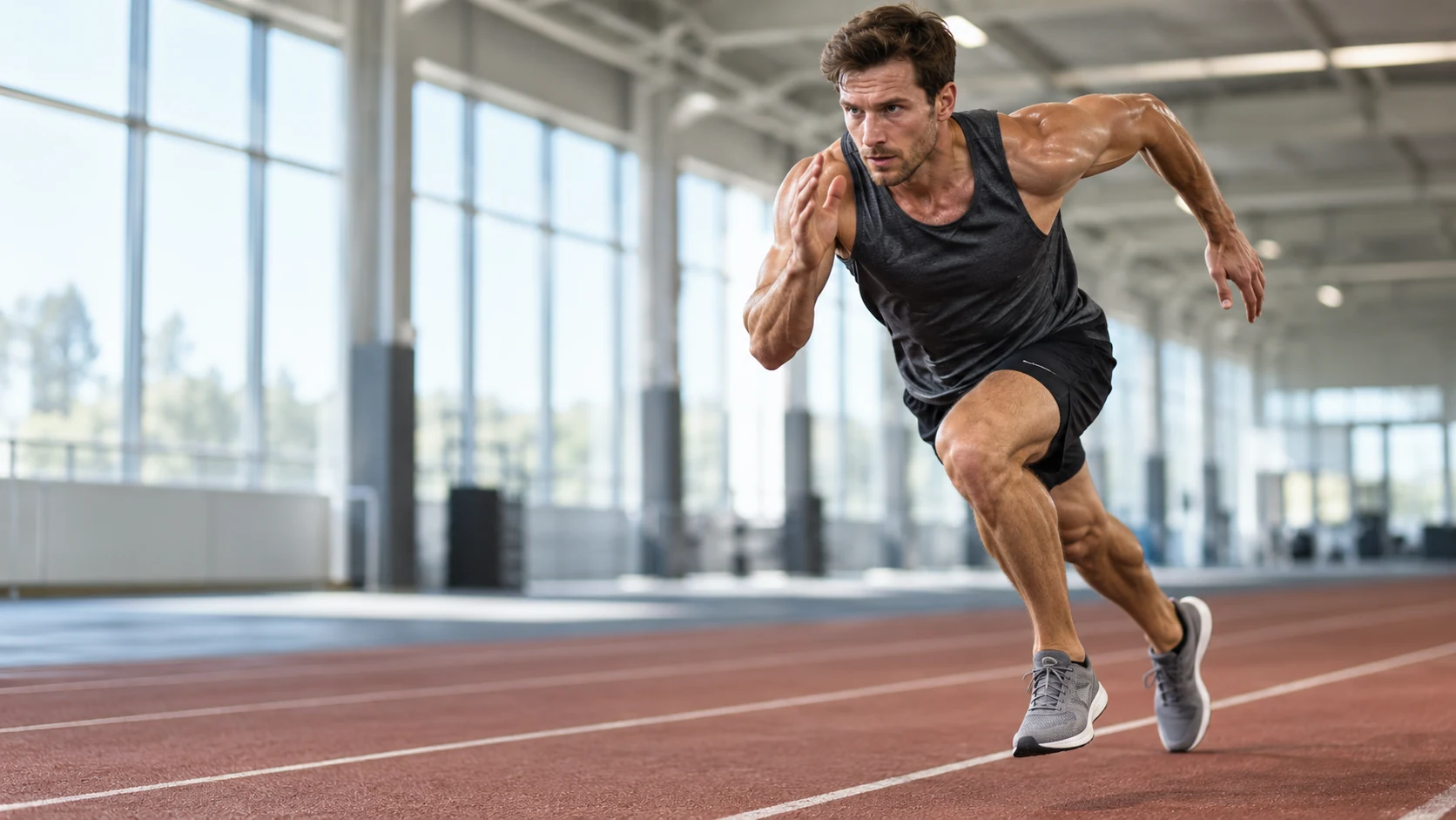 Runner accelerating on an indoor track