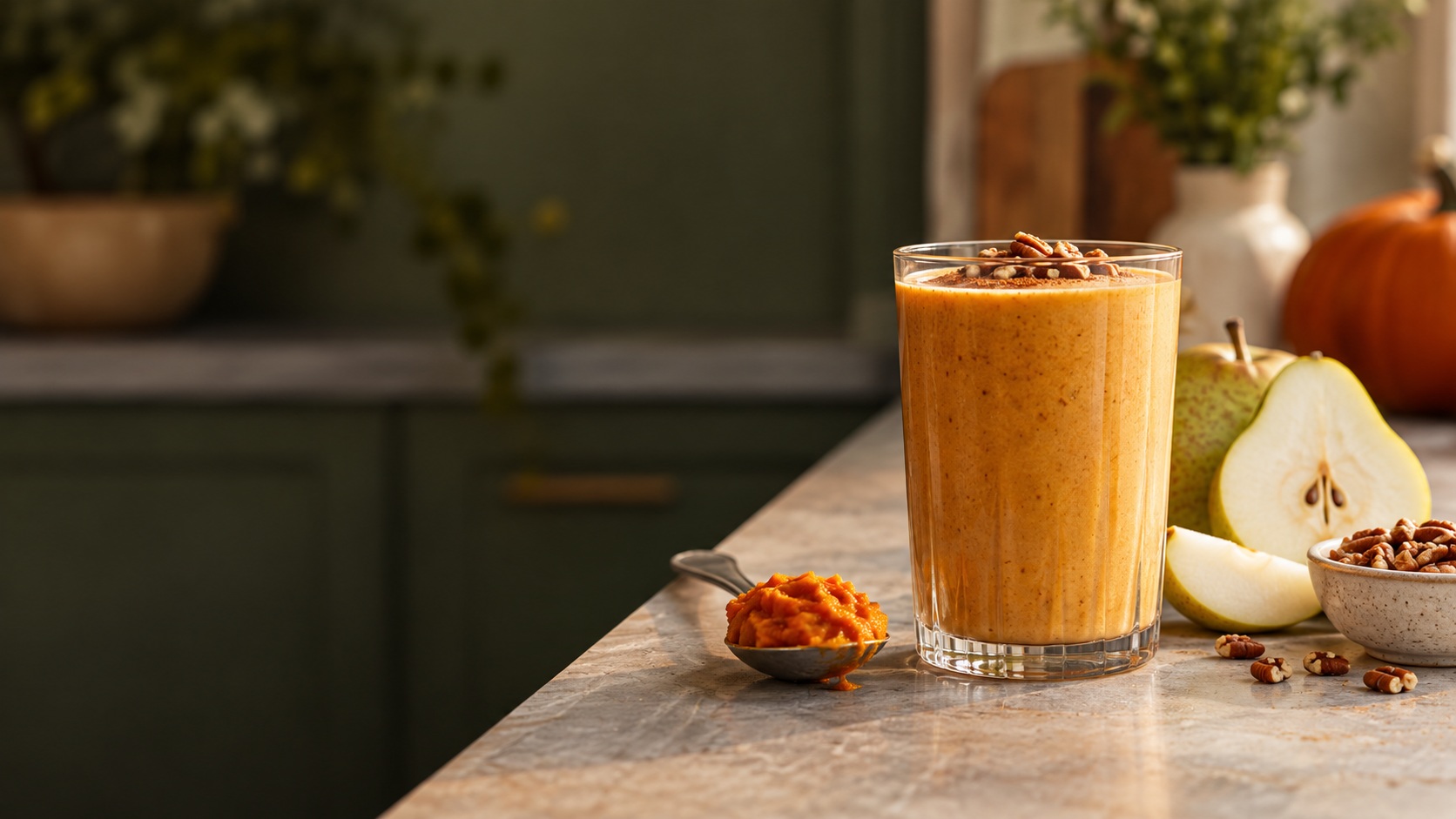 Pumpkin smoothie beside pear, pecans and puree