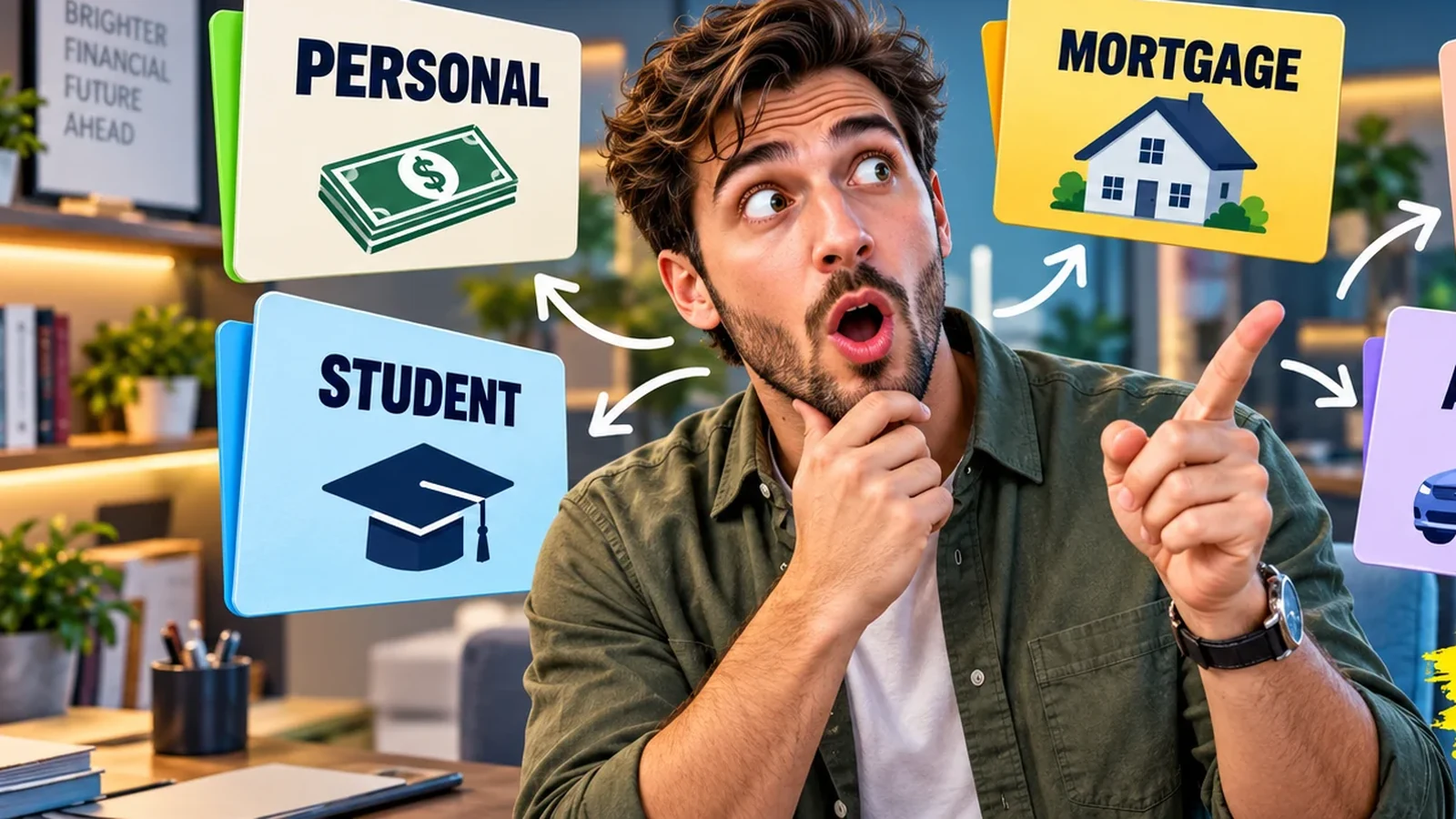 Man comparing personal, student, mortgage, home equity and auto refinance borrowing routes