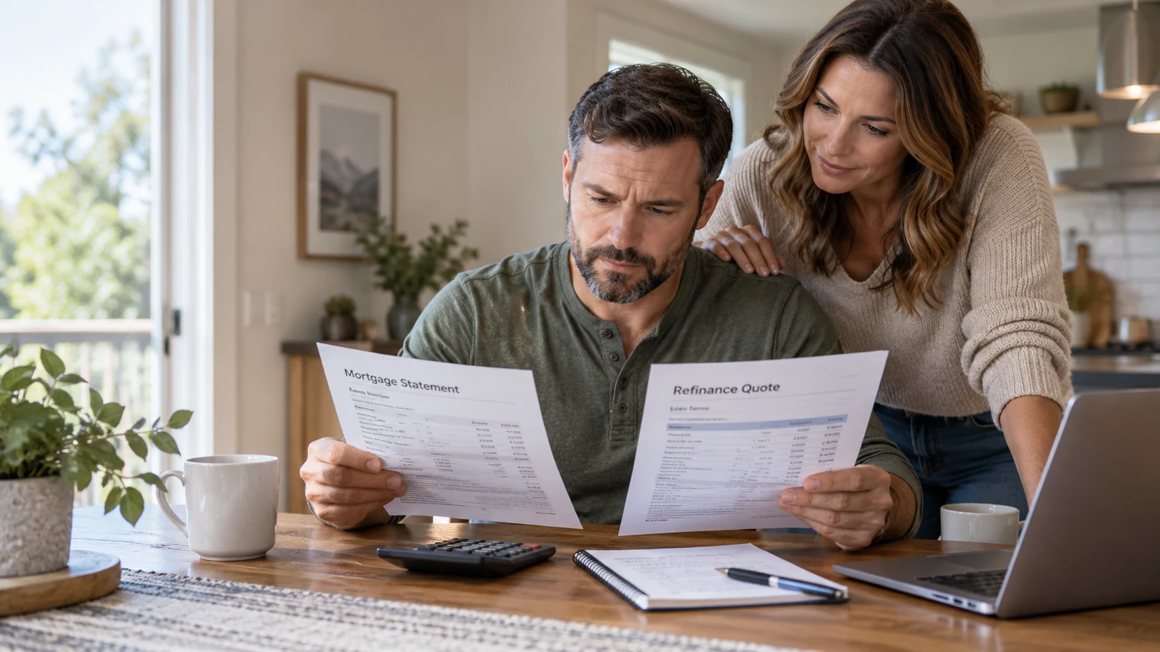 Homeowners reviewing their current mortgage statement and a new refinance quote at a kitchen table