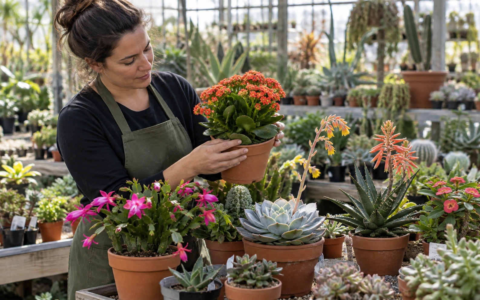 Gardener evaluating several blooming succulents in a nursery greenhouse