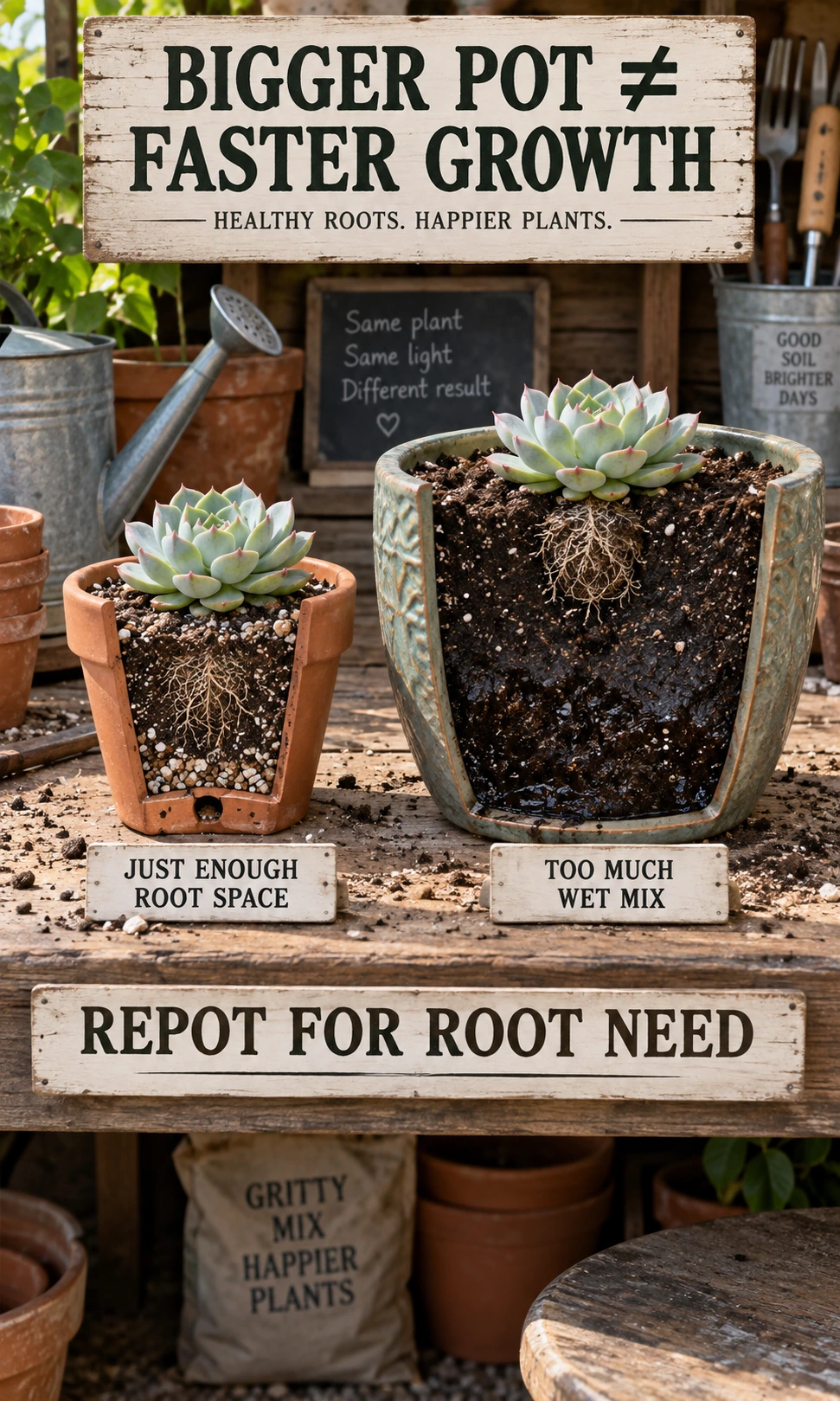 Comparison between a correctly sized succulent pot and an oversized container with wet mix