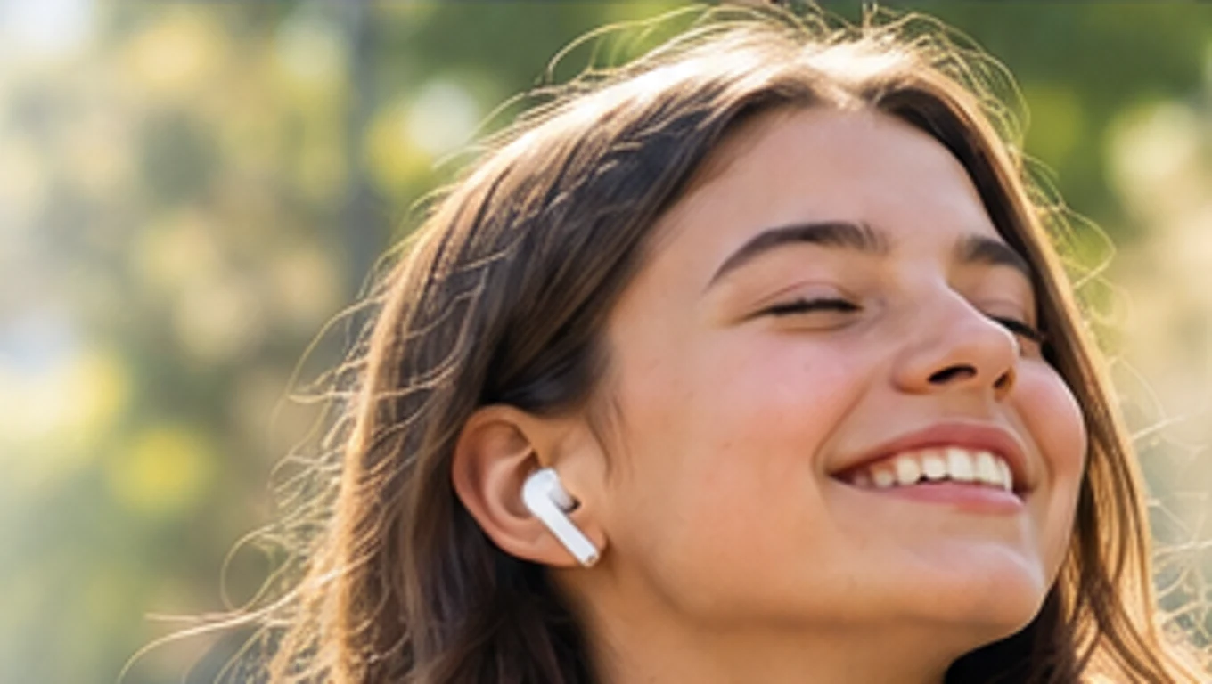 Teen wearing wireless earbuds outdoors