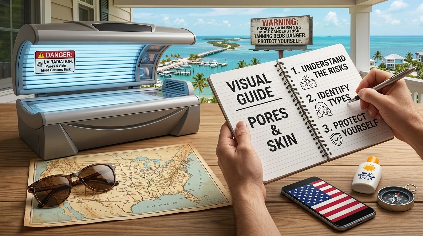 Editorial illustration of an indoor tanning bed with ultraviolet light and a safer sunless alternative shown beside it.
