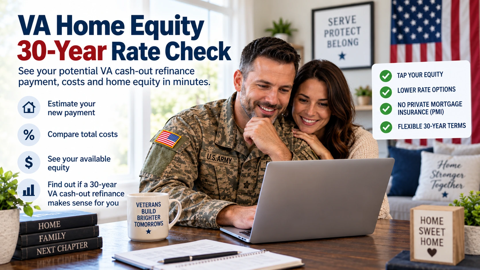 Homeowner comparing refinance documents, calculator and mortgage paperwork at a dining table