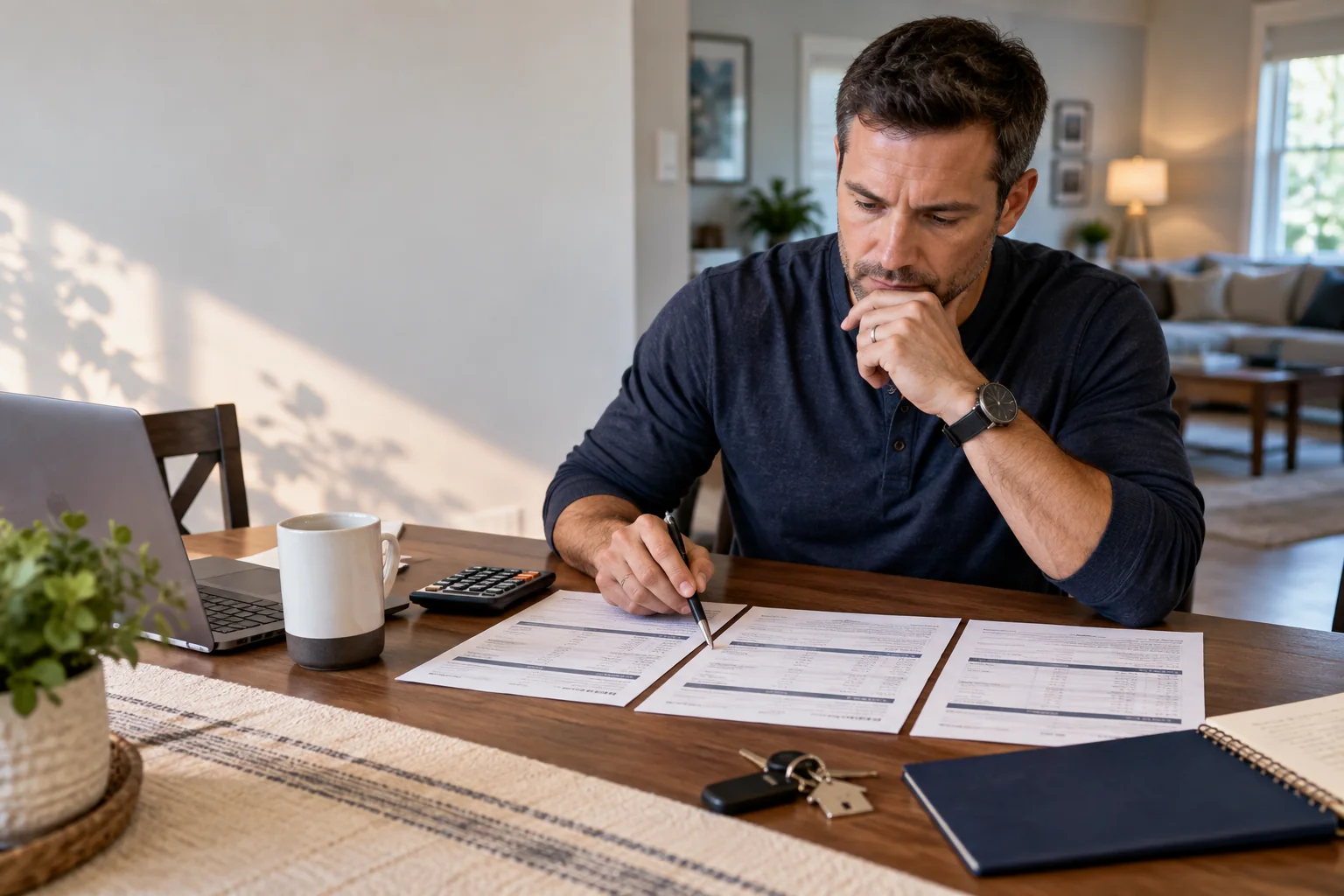 Borrower comparing several VA refinance loan estimates at a home table