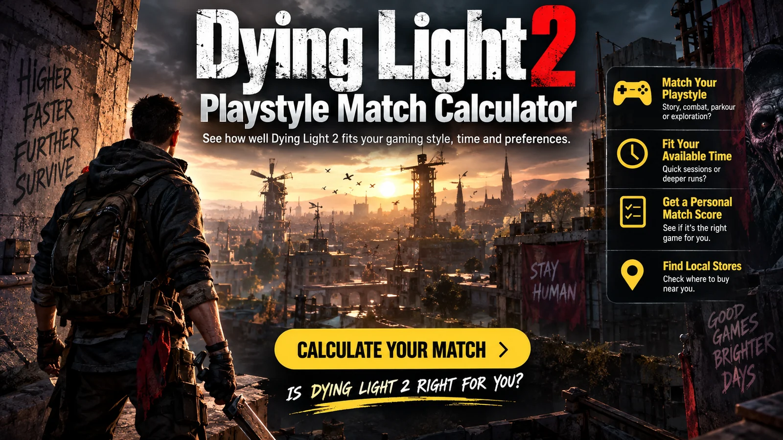 Survivor overlooking a ruined city in a Dying Light 2 themed playstyle decision graphic