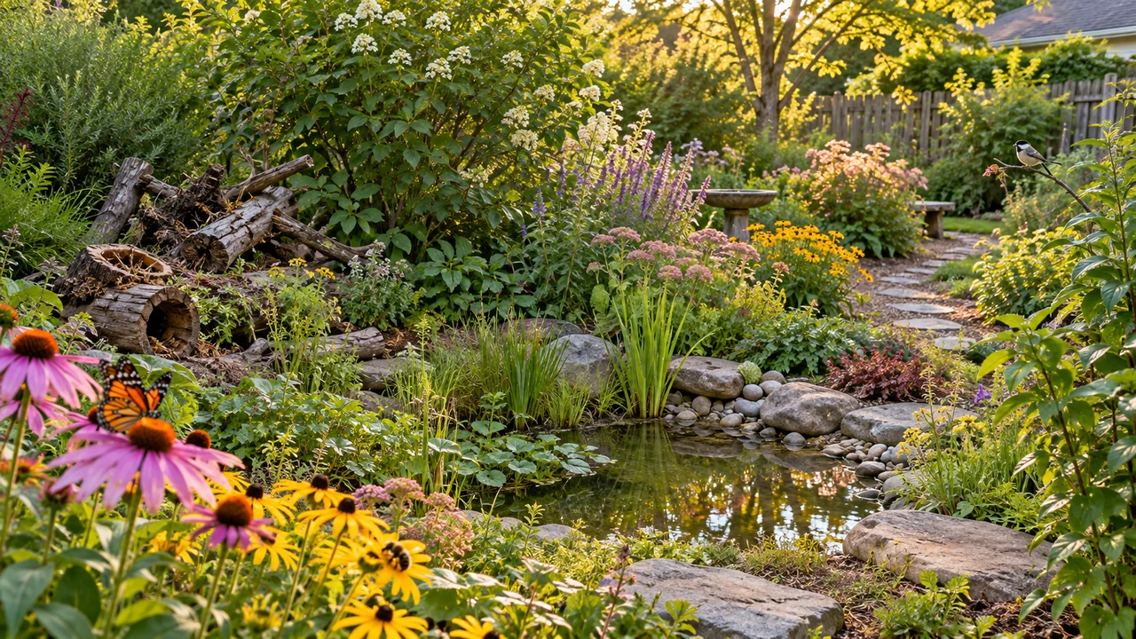 Layered wildlife garden with a pond, dense planting, flowers and natural cover