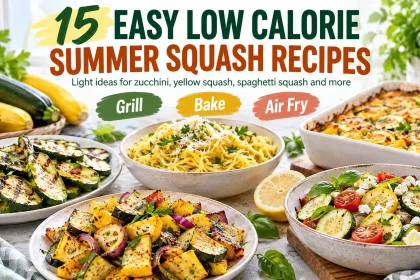 Grilled zucchini, roasted yellow squash, spaghetti squash, squash casserole and fresh squash salad arranged together beneath a headline for 15 easy low-calorie summer squash recipes.