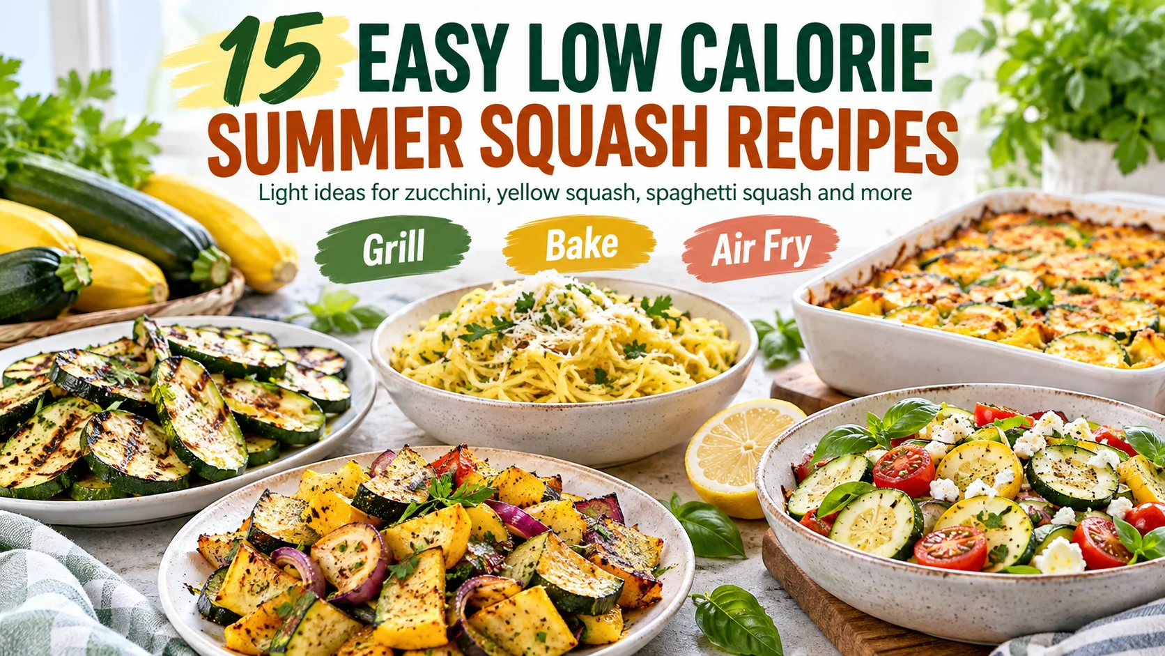 Grilled zucchini, roasted yellow squash, spaghetti squash, squash casserole and fresh squash salad arranged together beneath a headline for 15 easy low-calorie summer squash recipes.