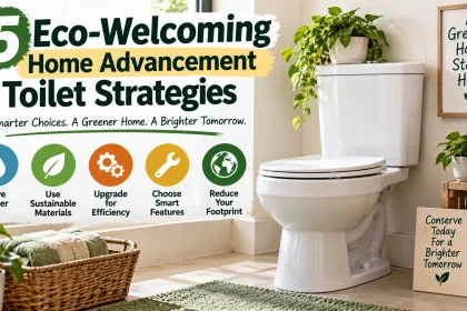 Bright modern bathroom with a toilet, plants and natural materials beside five illustrated cues for water saving, sustainable materials, efficiency, smart features and reducing environmental impact.