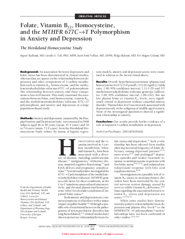 Folate, Vitamin B12, Homocysteine, And The Mthfr 677ct Polymorphism In Anxiety And Depression