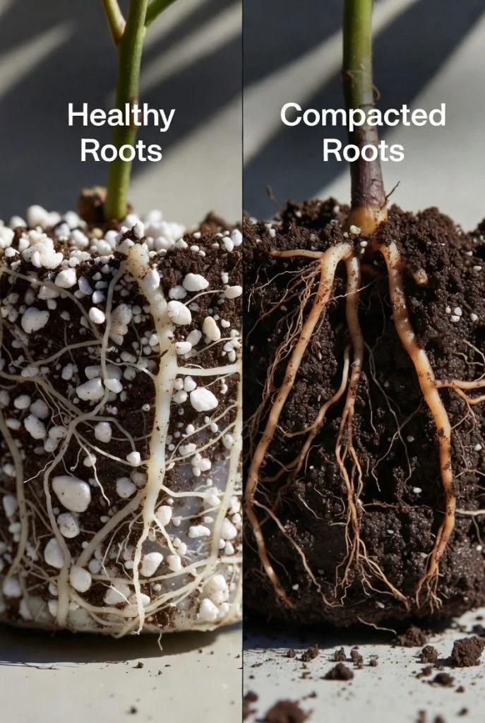 Cross section of aerated potting mix with visible perlite