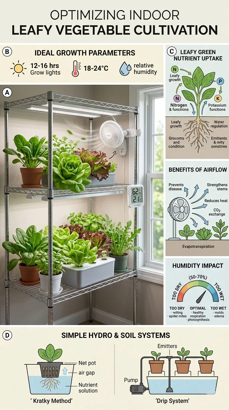 Gentle airflow and humidity monitoring in indoor vegetable garden