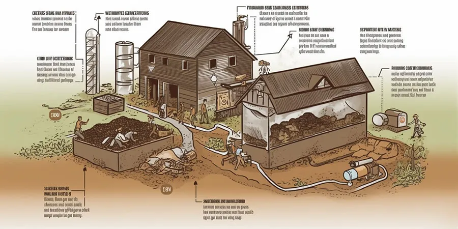 Diagram shows composting process: organic waste is decomposed by microorganisms, producing nutrient-rich soil amendment for plants.