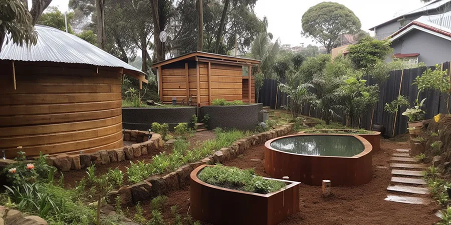 Rainwater harvesting system in home organic garden.