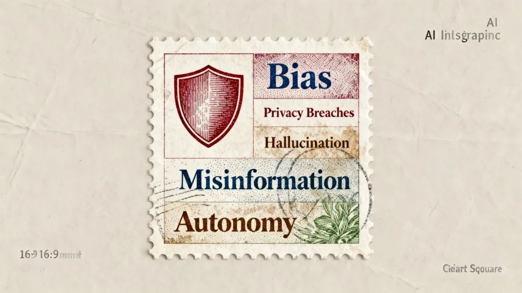 An infographic showing AI risks such as bias, privacy breaches, hallucination, misinformation, and autonomy. Clean modern layout, futuristic blue and red colors, safety shield icon.