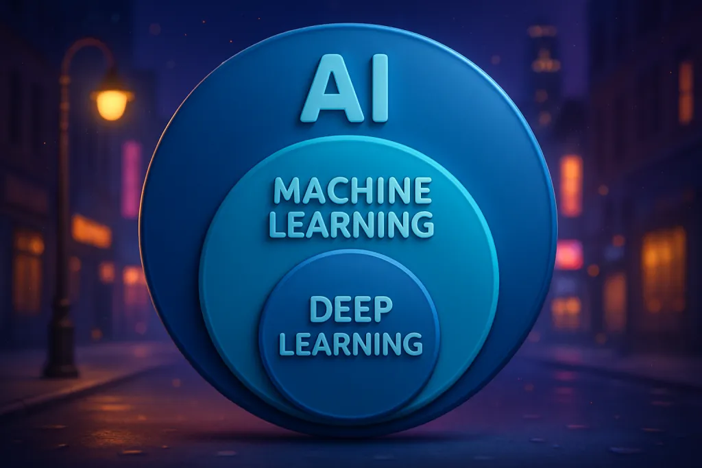 A clean educational diagram comparing AI, Machine Learning, and Deep Learning. Three nested circles showing AI as the largest, Machine Learning inside, and Deep Learning as the deepest. Futuristic blue gradients, simple labels, soft glow, clear and modern.