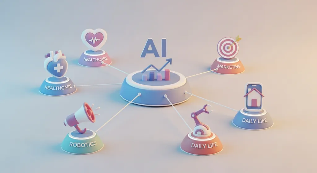 A modern infographic showing AI applications across healthcare, finance, marketing, robotics, and daily life.
