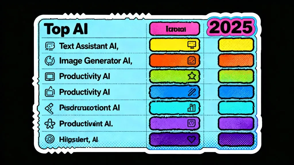 Infographic showing the top AI tools ranked in a clean table. Icons of ChatGPT, Claude, Midjourney, Notion AI, Canva AI, Runway, Perplexity, Zapier AI. Futuristic pastel blue UI, soft glow, minimal icons.
