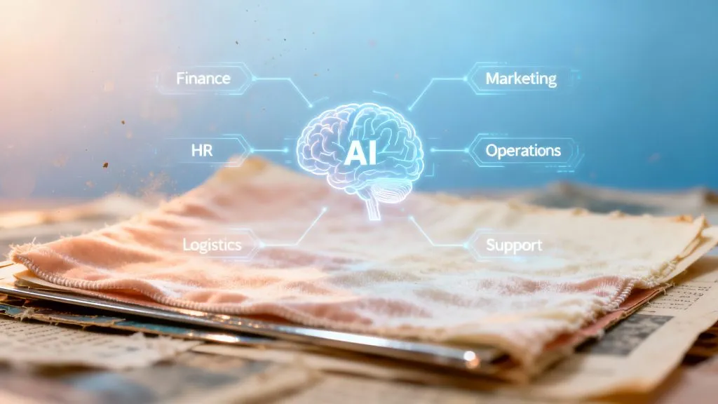 A diagram showing how AI integrates into finance, HR, logistics, marketing, and operations.