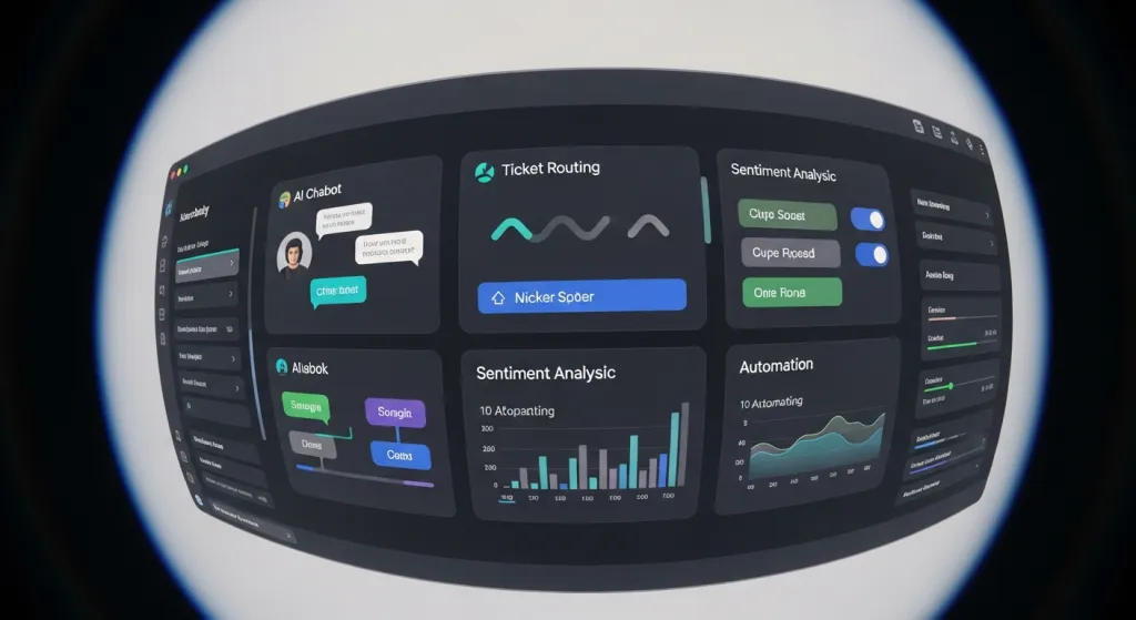 Diagram showing AI chatbots, ticket routing, and automated replies.