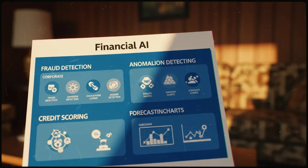 Diagram showing AI detecting fraud, forecasting demand, and analyzing financial data.