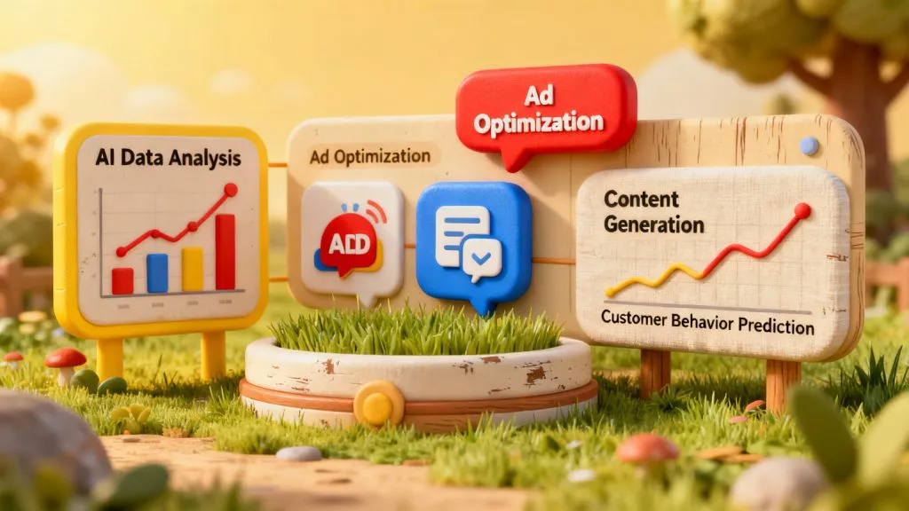 Infographic showing AI automating marketing tasks like ads, targeting, and analytics.