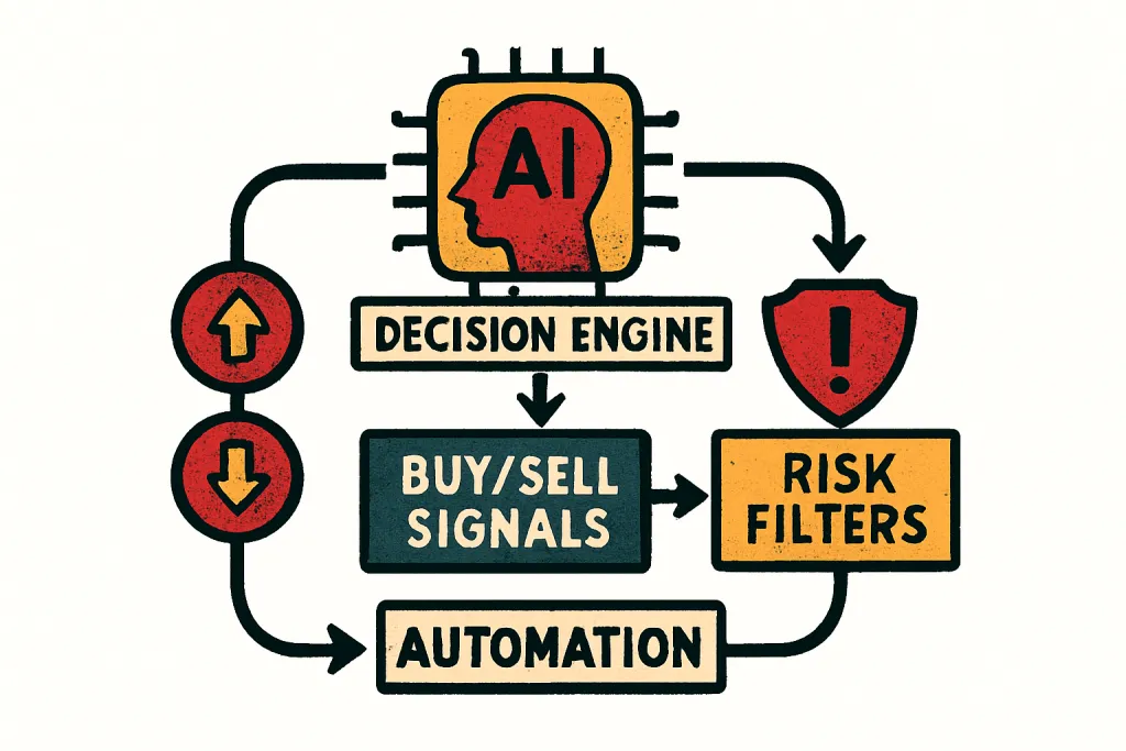 Workflow showing AI trading signals and execution.