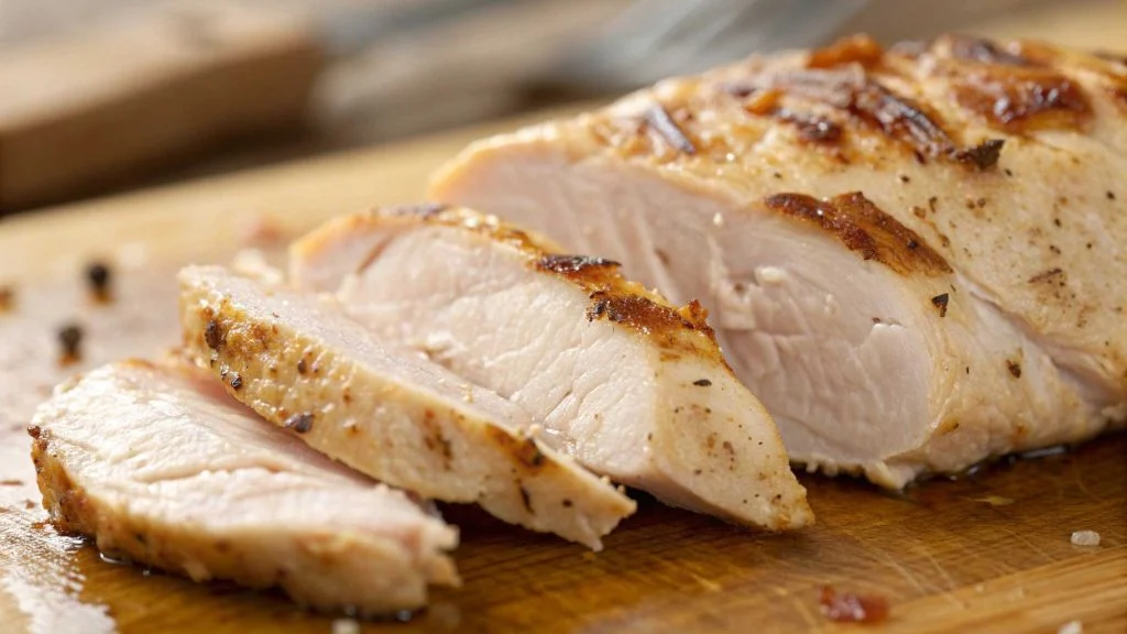 Overcooked chicken breast texture close-up