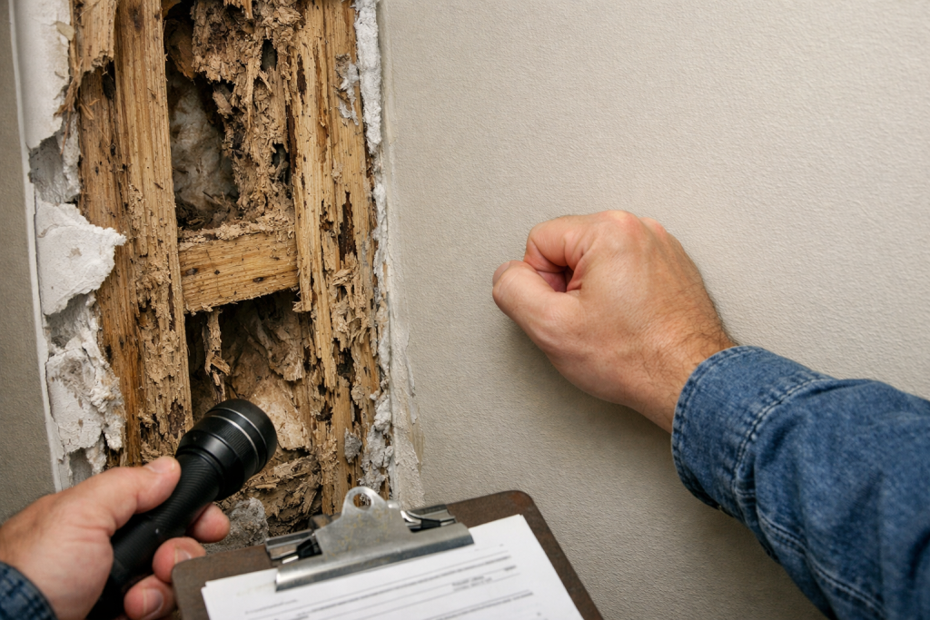 Hollow-sounding wall caused by termite damage inside wood framing