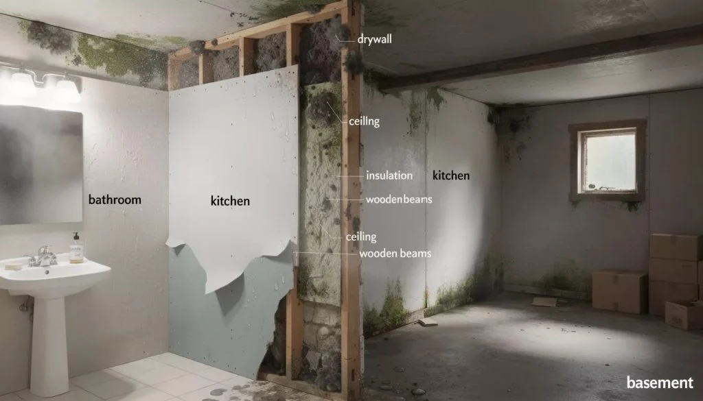 Mold damage on interior wall caused by prolonged moisture exposure