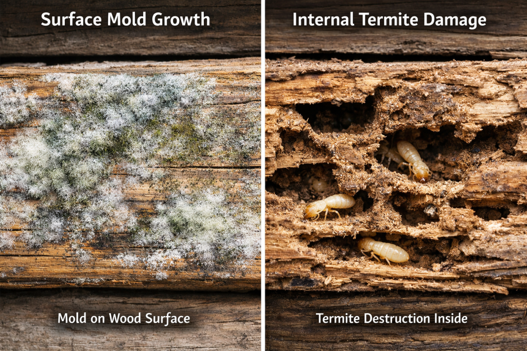 Mold damage compared with termite damage in wood structures