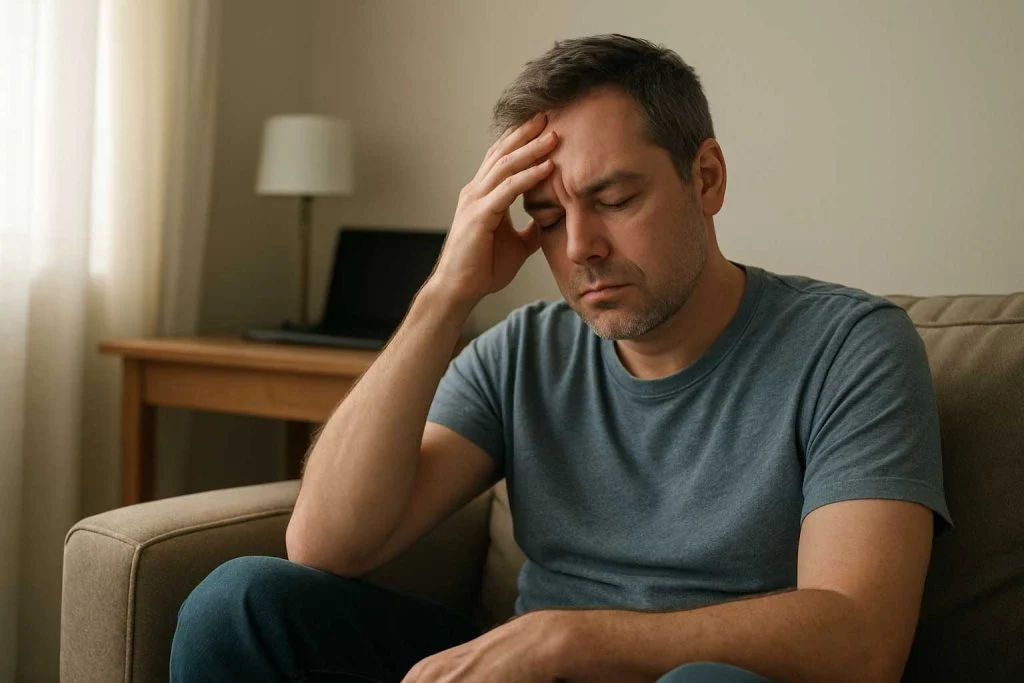 A person experiencing mild muscle or joint discomfort during daily movement
