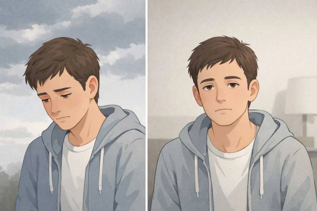 Visual comparison between temporary sadness and emotional fatigue