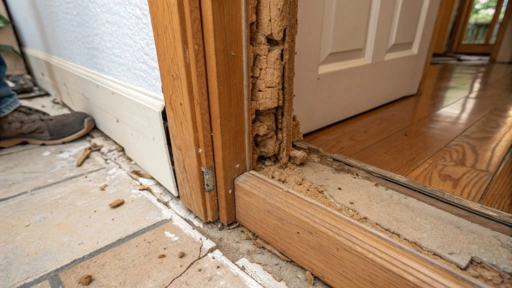 Soft wood around door frame caused by termite infestation