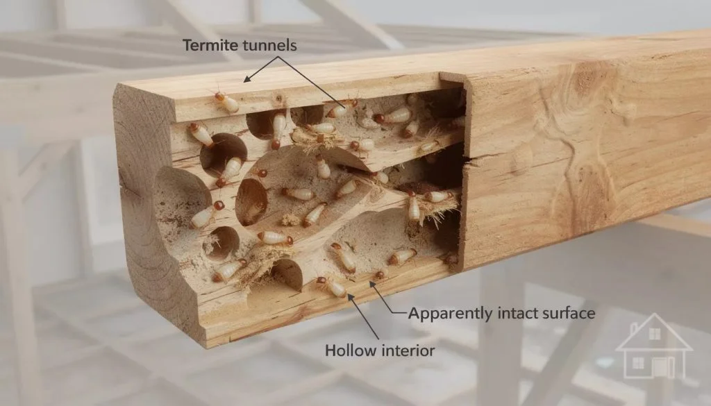 Termite damage inside wooden wall framing