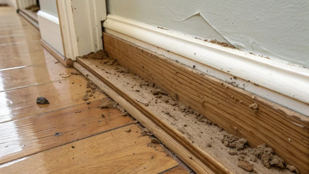 Mud tubes formed by termites along interior wall edges