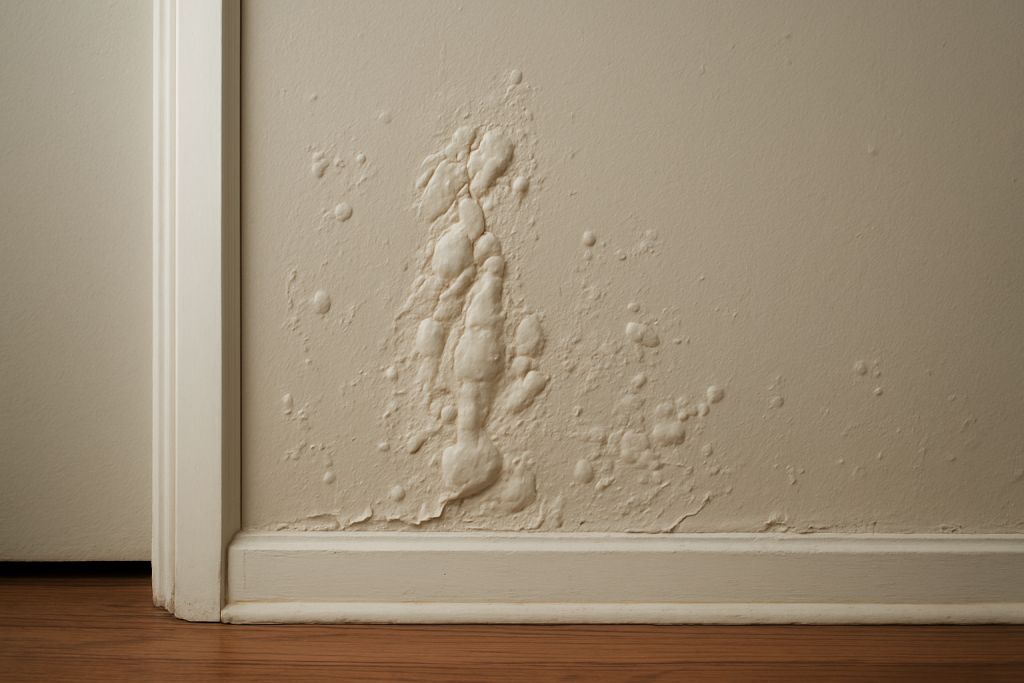 Paint bubbling caused by termite damage behind wall surface