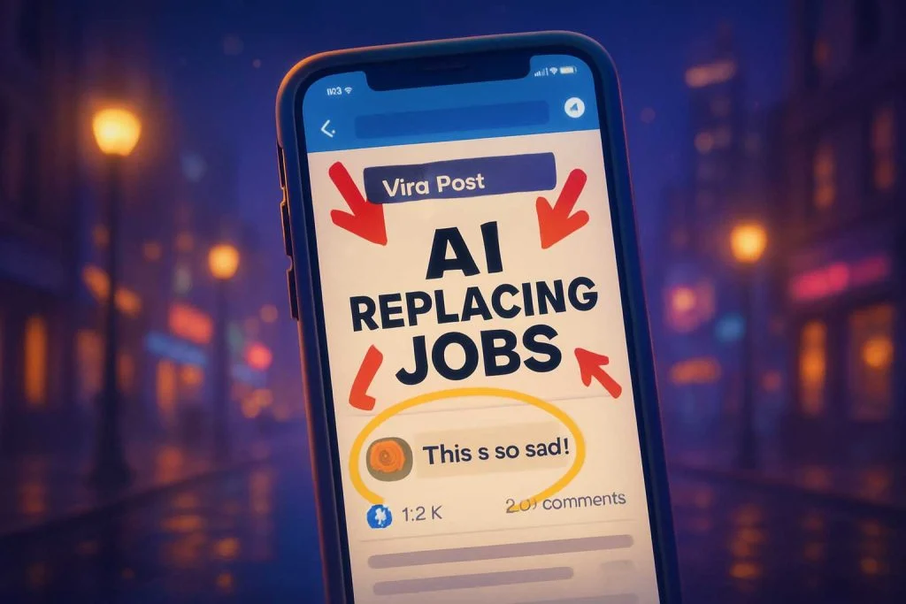 Smartphone showing viral AI job replacement post with highlighted claims