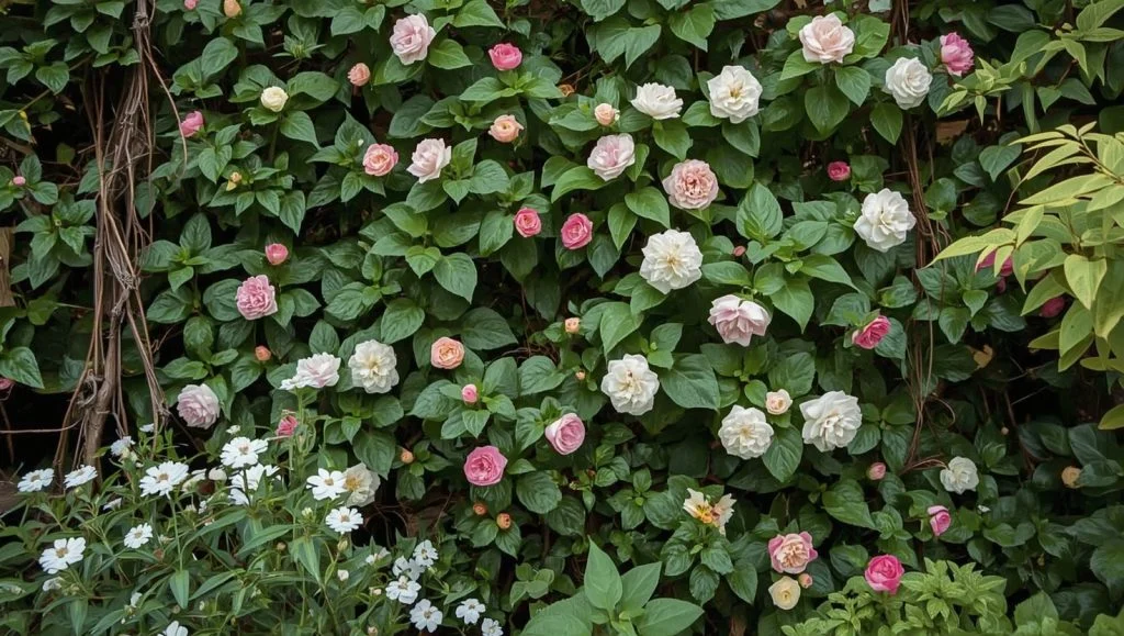 Fragrant flowering plants and vines growing in a private garden