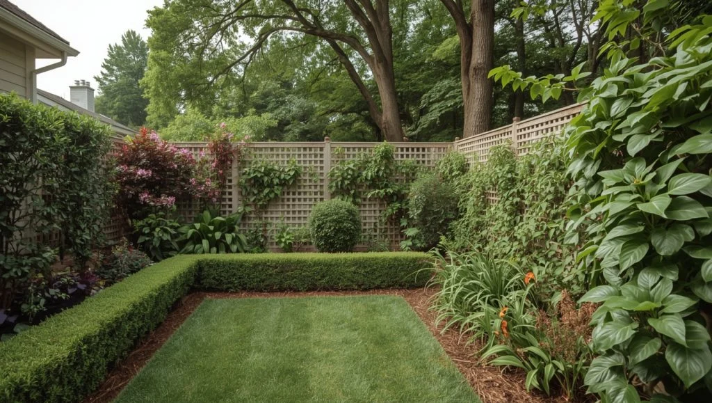 Backyard garden enclosed with hedges and climbing plants for privacy