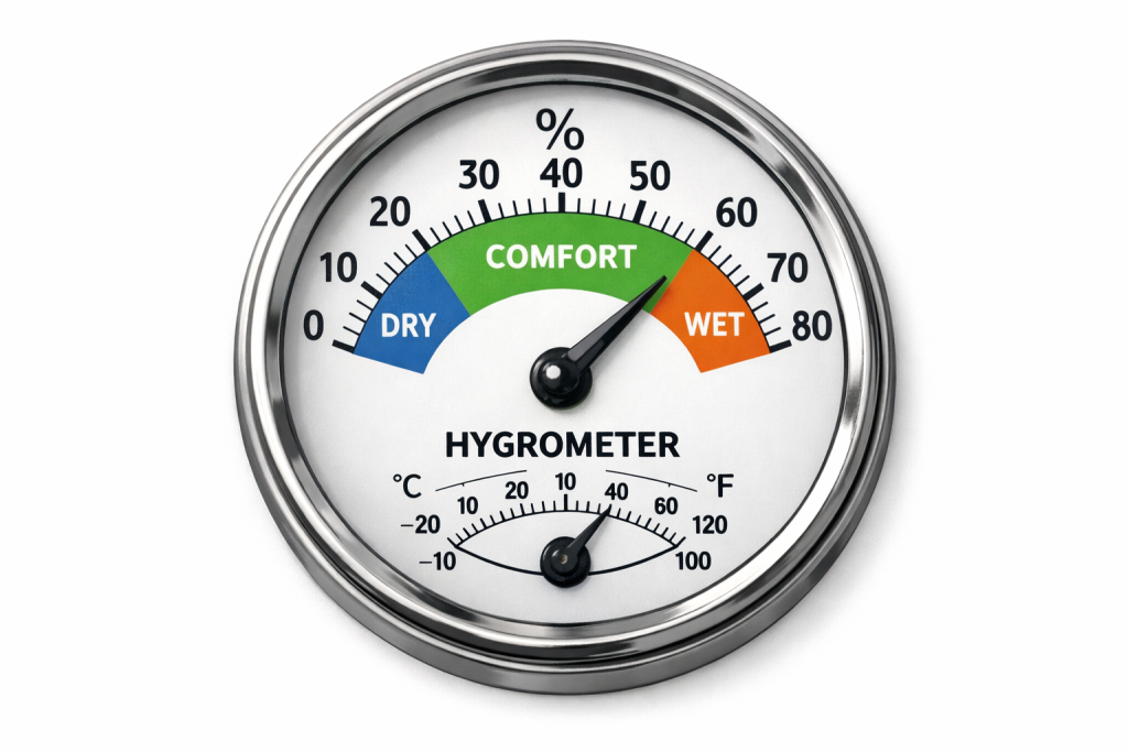 Indoor hygrometer showing safe humidity level around 40 percent