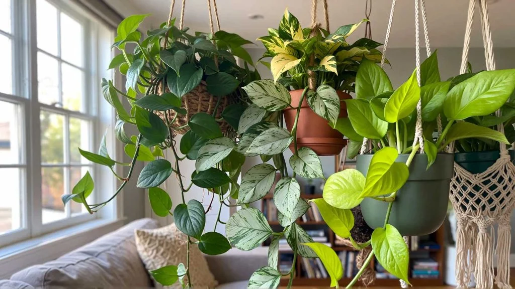 Hanging pothos plant indoors