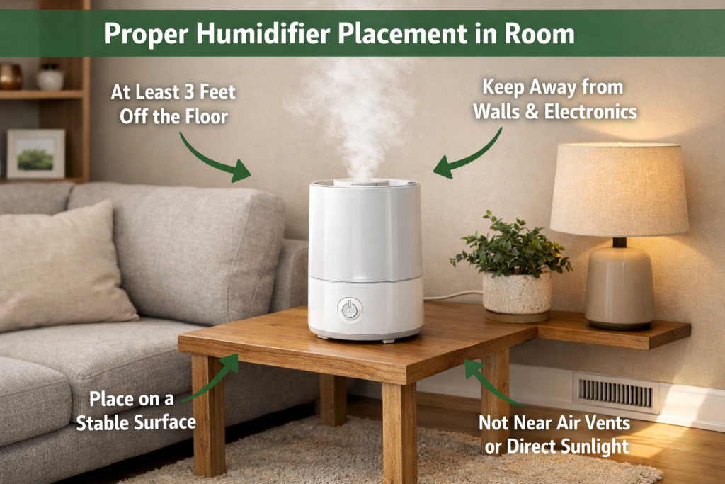 Correct humidifier placement away from walls and ceilings