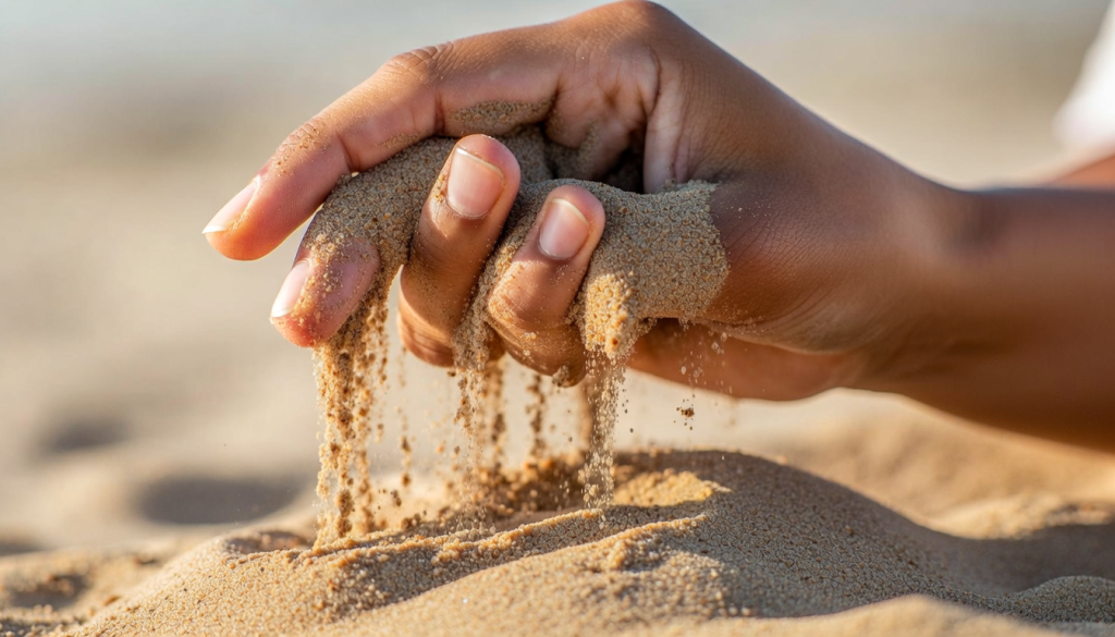 Close-up of sandy soil slipping through fingers